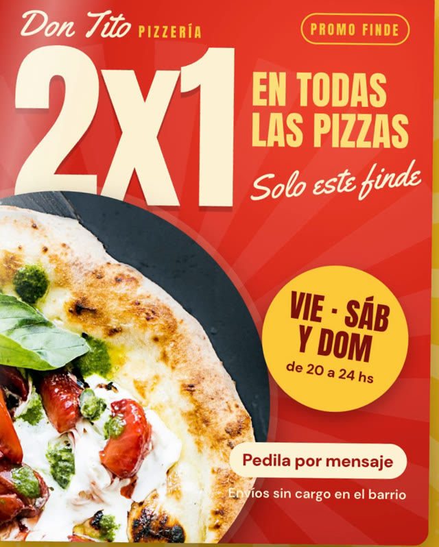 Flyer de una pizzería: 2x1 el fin de semana