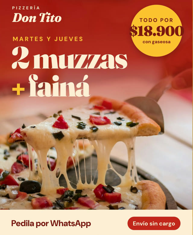Flyer de una pizzería: 2 muzzas más fainá